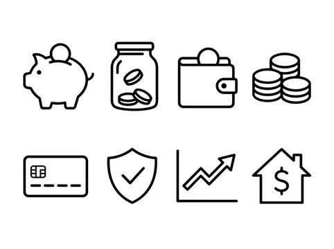 Savings and finance line icons. Set of money management symbols for banking and investment.