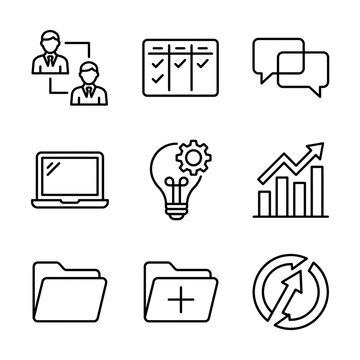 Business and team management icons. Professional office workflow symbols for web design.