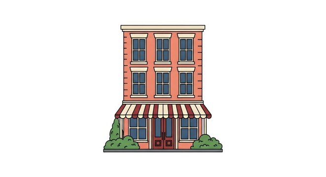 Three story brick building with storefront and bushes