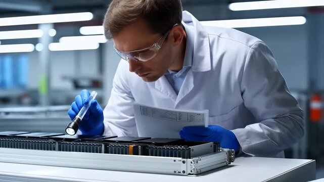 Battery engineer examines a prismatic cell's terminal connection inside an open module housing on a production test bench. Battery module inspection concept