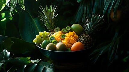 Assorted tropical fruits arranged in a dark bowl with vibrant pineapples mangoes kiwis and grapes nestled within lush foliage © Creative Deeds