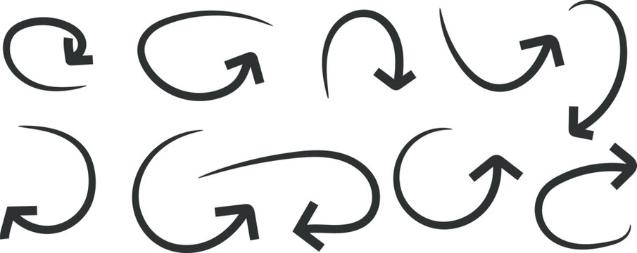 Set of hand drawn black arrows with various curved shapes isolated on a white background