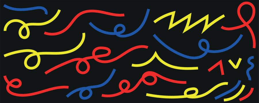 Abstract background featuring colorful hand drawn scribble lines in red yellow and blue on a dark surface