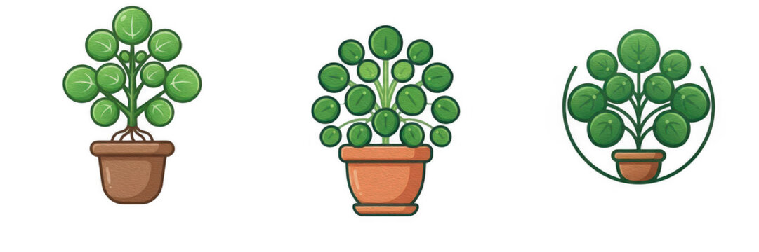 Set of potted money plants, isolated vector illustrations of green Chinese money plants or pilea peperomioides in terracotta pots for indoor gardening, home decor, botany, and houseplants concepts.