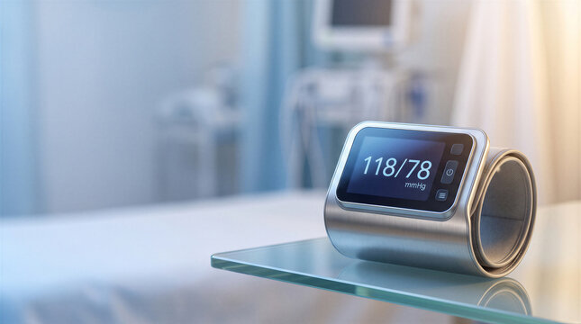 Digital blood pressure monitor on a glass table in a hospital room