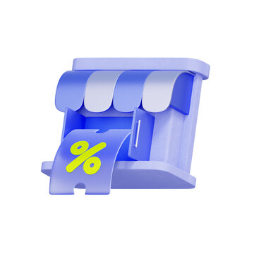 3D illustration of storefront building with open door and percentage ticket for retail promotion, shop discount, local business offer, ecommerce sale, grand opening, and customer reward.