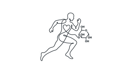 Fototapeta premium Continuous line art of a running human figure with a heart symbol and glucose chemical structure.