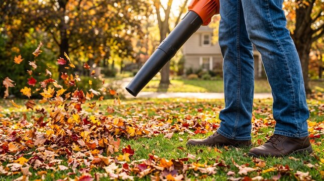 Person Using a Powerful Leaf Blower to Clear Fallen Autumn Leaves From a Suburban Home Lawn