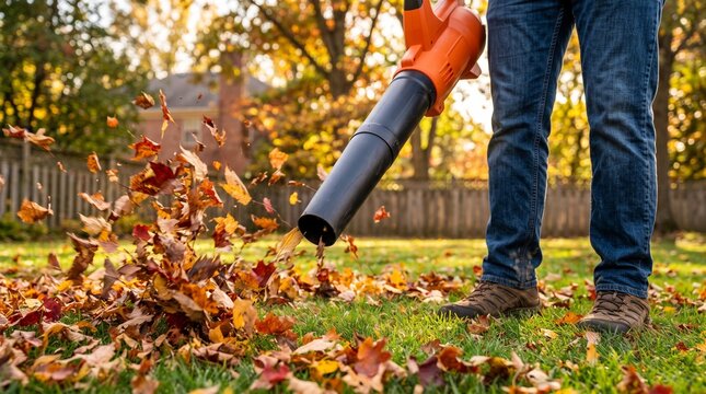 Man using an orange leaf blower to clean fallen autumn leaves in the backyard