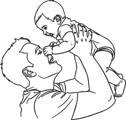 Line art of a loving father lifting his baby up for playtime with childhood affection nurturing lifestyle parenting illustration monochrome minimalist happiness connection devotion