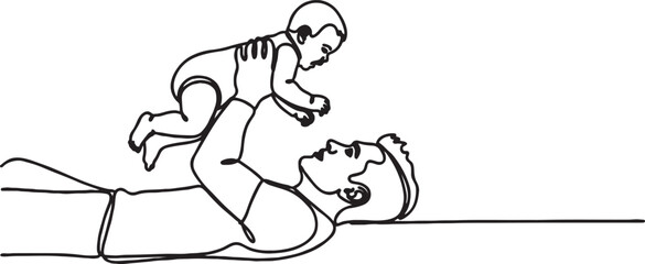 Fototapeta premium Black and white line art of a father lying down lifting his baby with childhood affection nurturing lifestyle parenting illustration monochrome minimalist happiness connection
