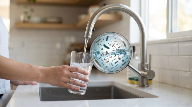 Closeup of a person filling a glass of water from a kitchen faucet with a magnifying glass effect showing bacteria and germs