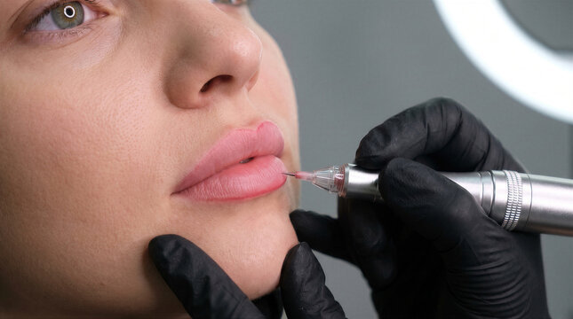 Closeup of a permanent lip makeup procedure being performed by a professional technician wearing black gloves
