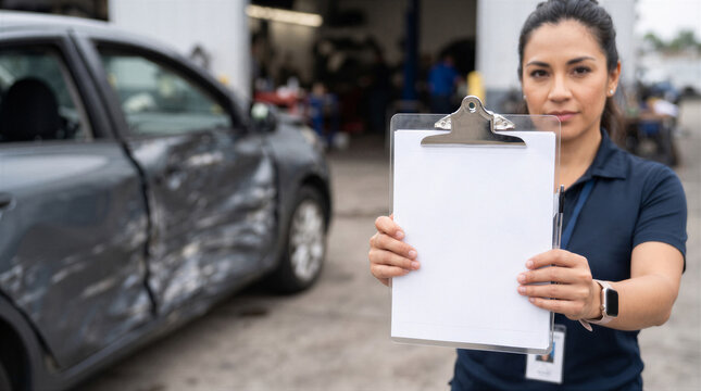 Female mechanic holding a blank clipboard in front of a damaged car at an auto repair shop