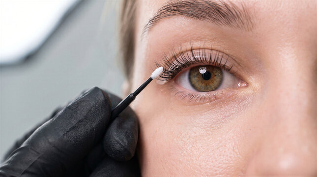 Closeup of a professional lash lift procedure being performed on a womans eye by a technician wearing black gloves