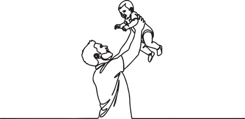 Fototapeta premium Simple continuous line drawing of a father lifting his baby up high with parenting happiness lifestyle illustration minimalist monochrome childhood togetherness connection devotion
