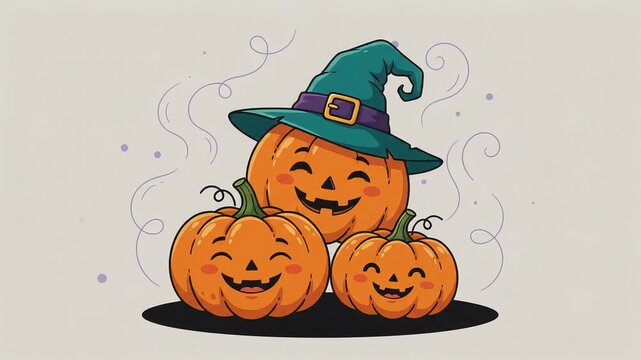 Cartoon Halloween pumpkins with witch hat
