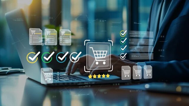 Online shopping customer journey with animated shopping cart icon, digital purchasing process, retail technology, order management and ecommerce strategy shown by businessman in modern office