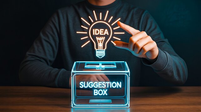 Suggestion box with glowing idea icon encouraging innovation and employee feedback