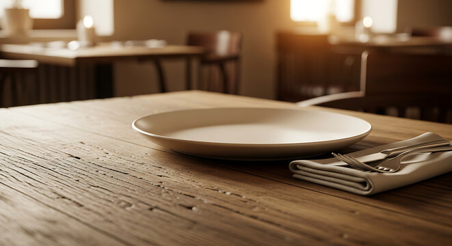 Empty Plate and Cutlery on a Rustic Wooden Table in a Restaurant