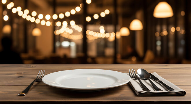 Empty Restaurant Table Setting with Festive Lights Bokeh Background