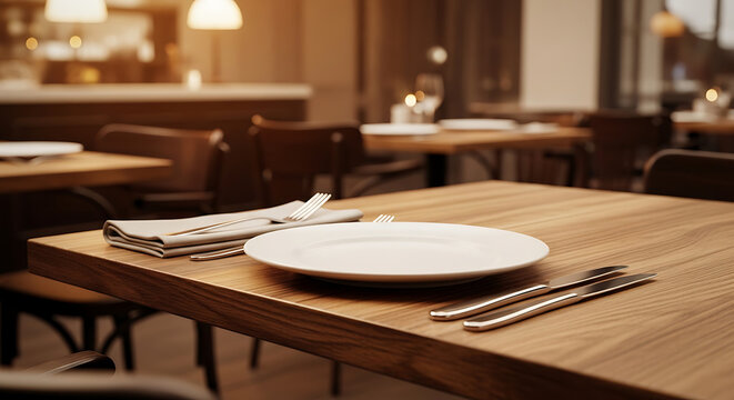 Empty restaurant table setting with plate and cutlery, ready for dining