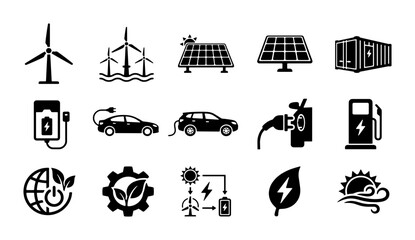 Renewable energy icons set with 15 black vector elements, sustainable green technology symbols, solar panels and wind turbine graphics for ecology © Asset Aura