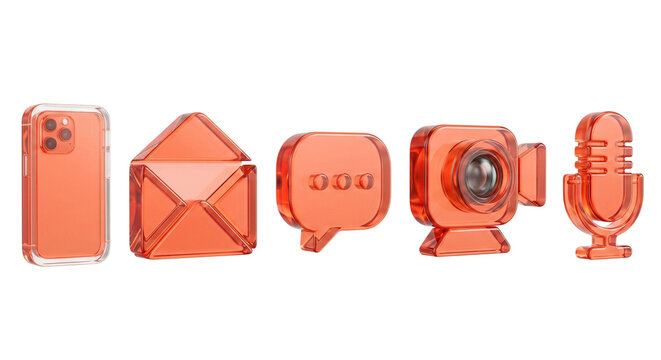 Five luxurious chunky transparent coral orange acrylic communication icons arranged neatly on a pure white background