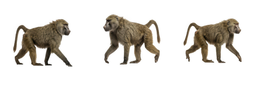 Set of baboons walking, isolated illustrations of wild African monkeys with brown fur moving for wildlife conservation, nature documentaries, zoo animal concepts, and primate studies.