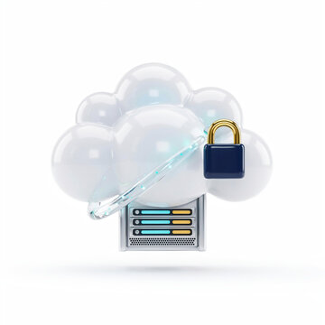 Cloud server with padlock icon. Secure data storage and network protection concept.