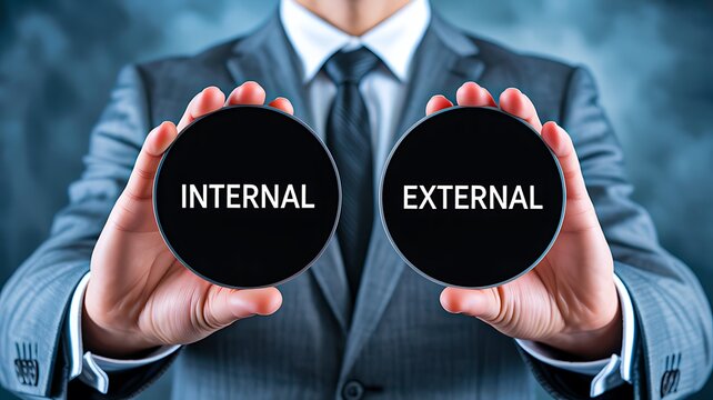 Businessman comparing internal and external business strategy concepts