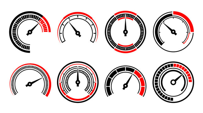 Minimalist speedometer vector collection, Automotive dashboard gauge icon pack  And Temperature Gauges, vector illustration