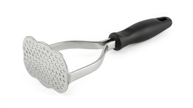 Metal potato masher with black plastic handle for mashing cooked vegetables vegetable preparation stainless cookware culinary equipment ingredient kitchenware accessory professional