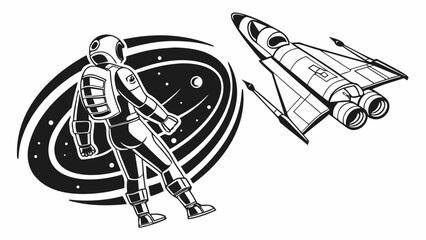 Sci-fi vector art featuring an astronaut and starship near a cosmic portal © Muhamad