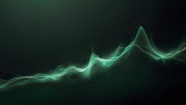 Futuristic glowing green audio wave and data visualization on a dark background