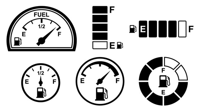 Automotive fuel indicator vector pack, dashboard fuel gauges in different styles, vector illustration
