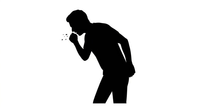 Black silhouette of a young man coughing and covering his mouth with his hand to prevent spreading germs and virus