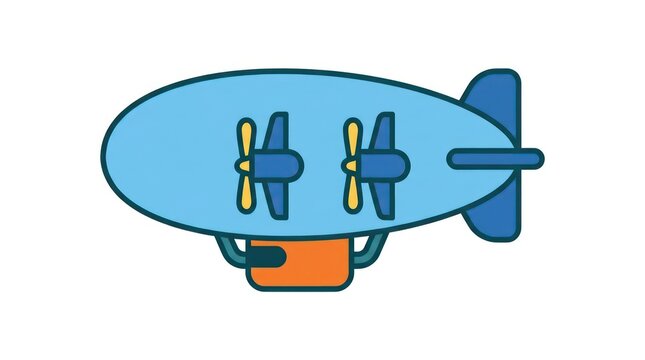 Blue dirigible airship with propellers flying on white background