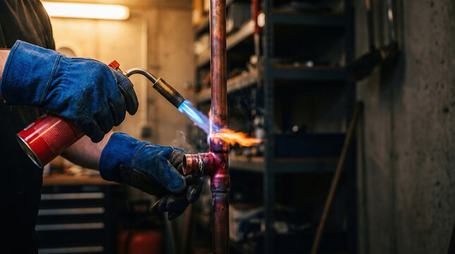 Copper pipe soldering with propane torch in workshop, plumbing repair and pipefitting concept