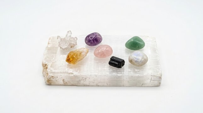 Assorted polished gemstones and crystals on a selenite charging plate with crystals gemstones selenite minerals meditation spiritual assorted polished amethyst aventurine collection