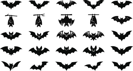 Fototapeta premium Collection of various black bat silhouettes in different flying and hanging poses for halloween design projects
