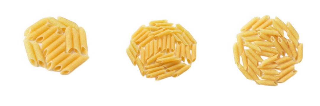 Piles of raw penne pasta, set of three delicious Italian food ingredients isolated on a white background for grocery, cooking recipes, healthy carbohydrate diet, and restaurant menu design concepts.