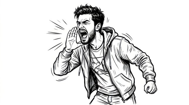 Young man shouting loud with his hand near his mouth wearing a hoodie isolated sketch illustration black and white