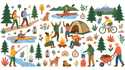 Fototapeta premium People outdoor activities set hiking kayaking camping and biking flat art.