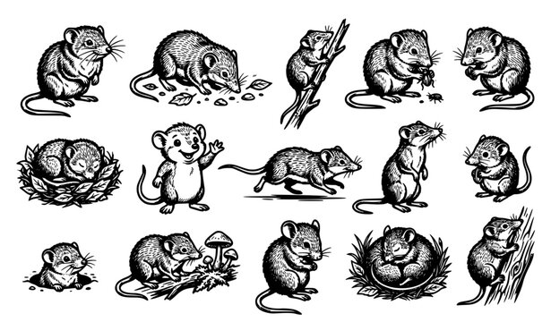 Detailed Shrew and Field Mouse Rodent Vector Illustration Set Featuring Various Poses Including Nesting, Climbing Branches, Foraging, and Cute Cartoon Character Elements