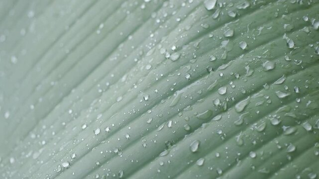 Nature of banana leaf swing with wind and wet dew and rain in morning, drop water on leaves in park natural, tropical summer forest view.