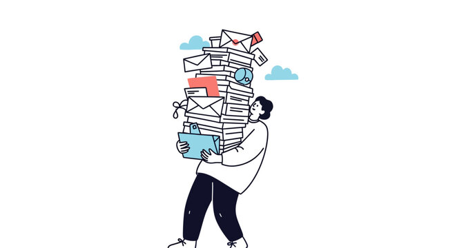 A person carrying a huge stack of mail envelopes representing busy communication or heavy workload office work