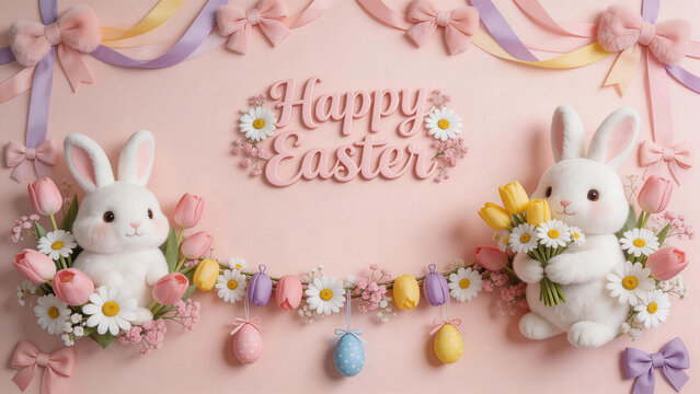 Easter bunnies with flowers and eggs