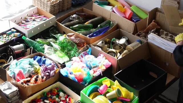 Reduce, Reuse, Recycle. Separation of waste into fractions: plastic, glass, paper, metal, organic