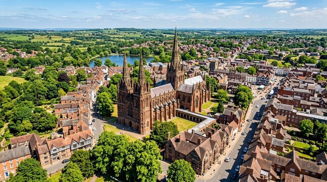 Aerial View of Lichfield Cathedral and Historic Cityscape in Staffordshire, UK